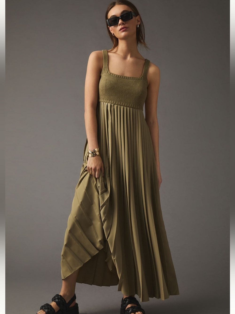 Anthropologie Olive Green Pleated Maxi Dress by Mare Mare